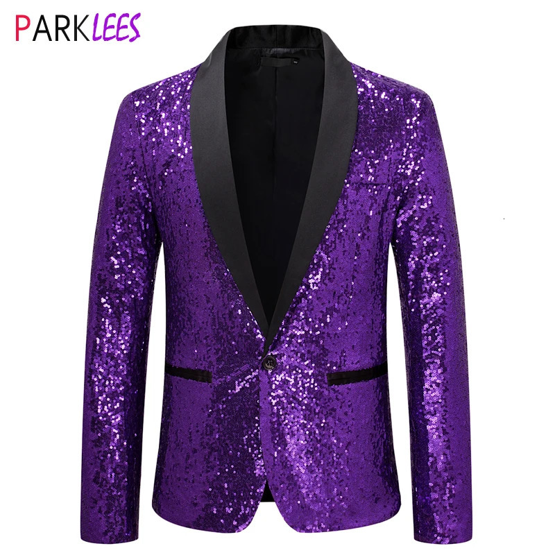Shiny Purple Sequin Glitter Embellished Tuxedo Suit Jacket Men One Button Shawl Collar Night Club Stage Wedding Costume Homme 241225