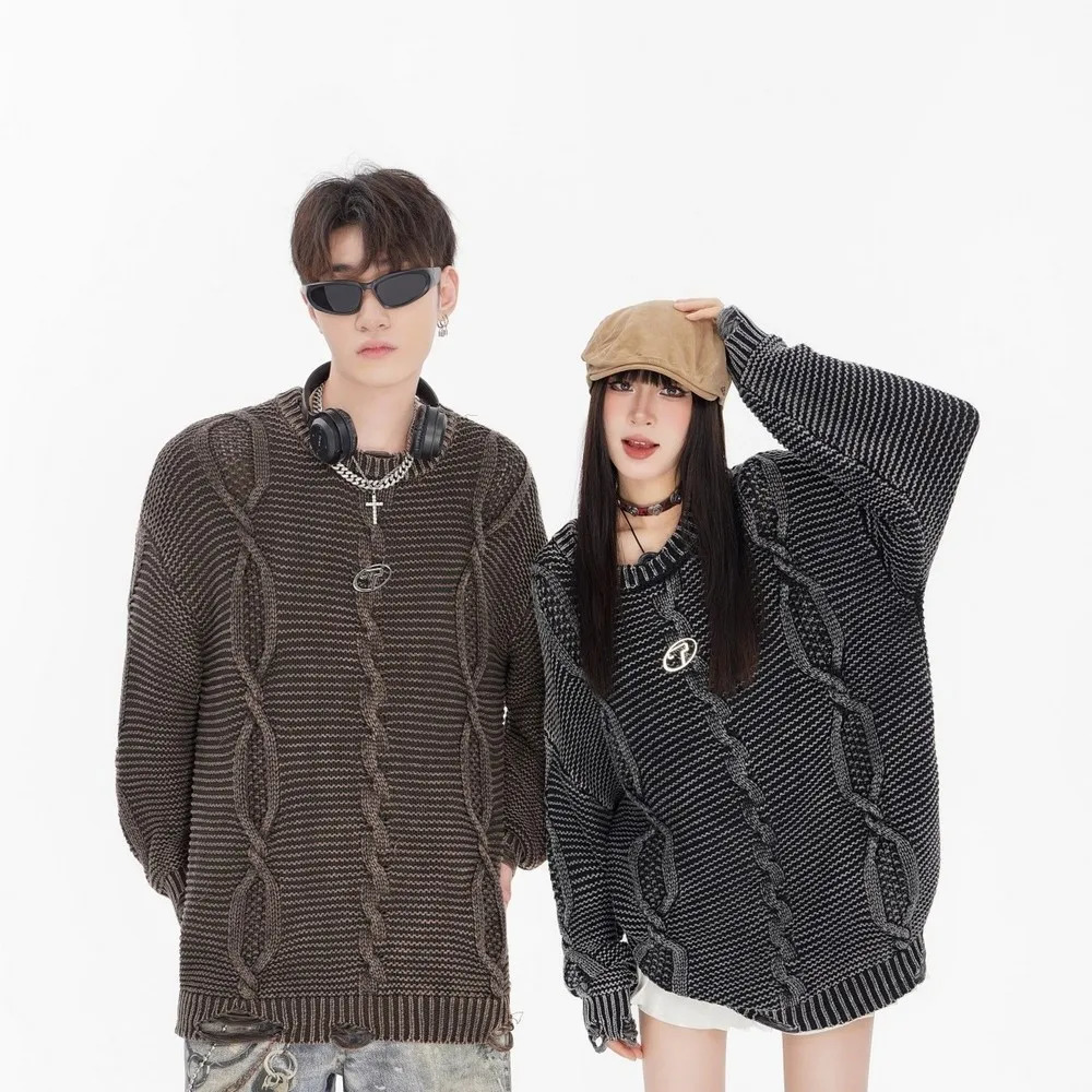 Ripped Grunge Christmas Sweater Men Oversize Punk Knit Gothic Tops Winter Clothe 2024 Y2k Streetwear Pullovers 241225