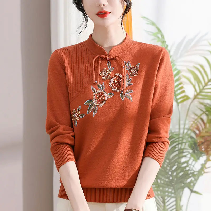 Women Clothing Y2k Chic Vintage Embroidery Pullovers Temperament Elegant Chinese Style Sweaters Autumn Loose Knit Tops 241225