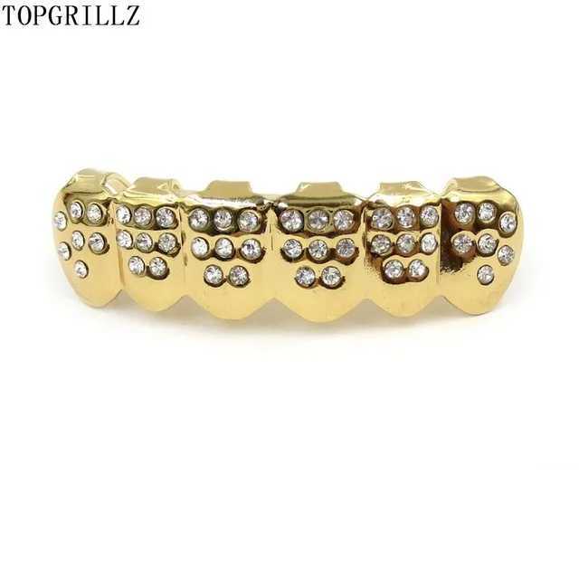 TOPGRILLZ Gold Color Plated CZ Rhinestone Hip hop Heart-Shed Tooth Grillz Top Bottom GRILLS Set Teeth Gift For FriendsXJ241225