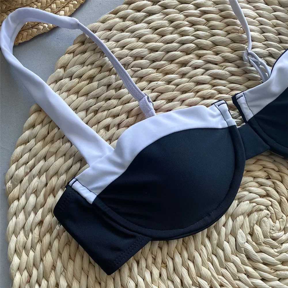 Contrast Colors Black Bikini Push Up Sexy Mini thong Swimsuit Womens 2024 Wireless Swimsuit High Cut Swimsuit Bikini SetW241225