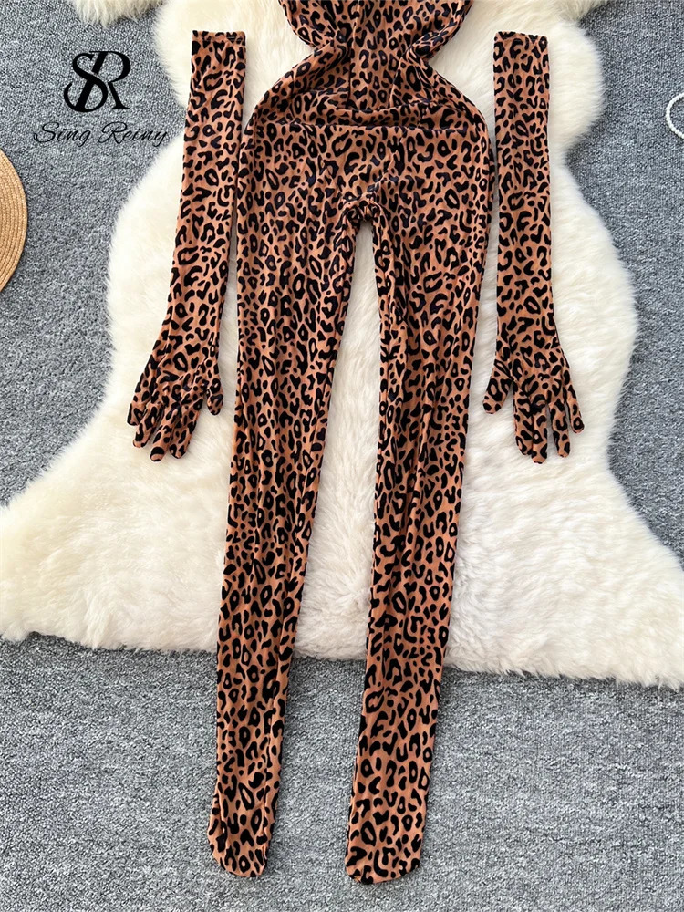 SINGREINY Fashion Leopard Print Sexy Jumpsuits Ladies Stand Collar Long Gloves Korean Streetwear Sheath Flocking Playsuits 241225