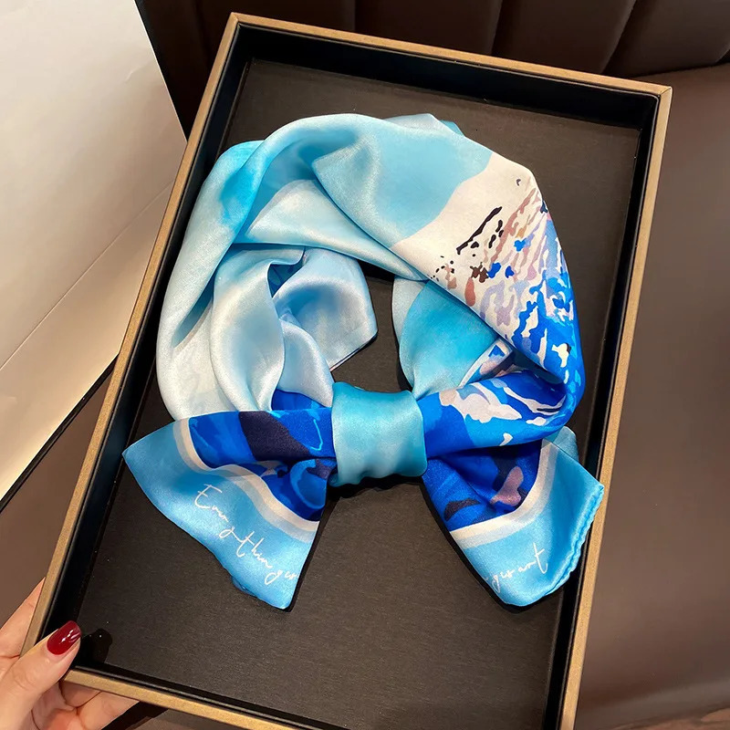 faux Mulberry SILK Small Long Neck Scarfs For Women Bright Blue Printing Women Party Scarf Colorfast Female Silk Neckerchiefs 241225