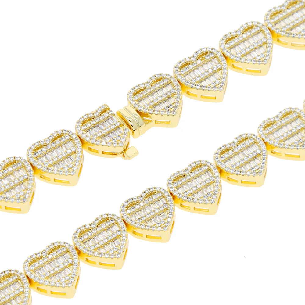Iced Out CZ Heart Bracelet Silver Color Micro Pave Prong Setting 12MM Hearts Charm Link Chain For Women Hip Hop Jewelry 241225