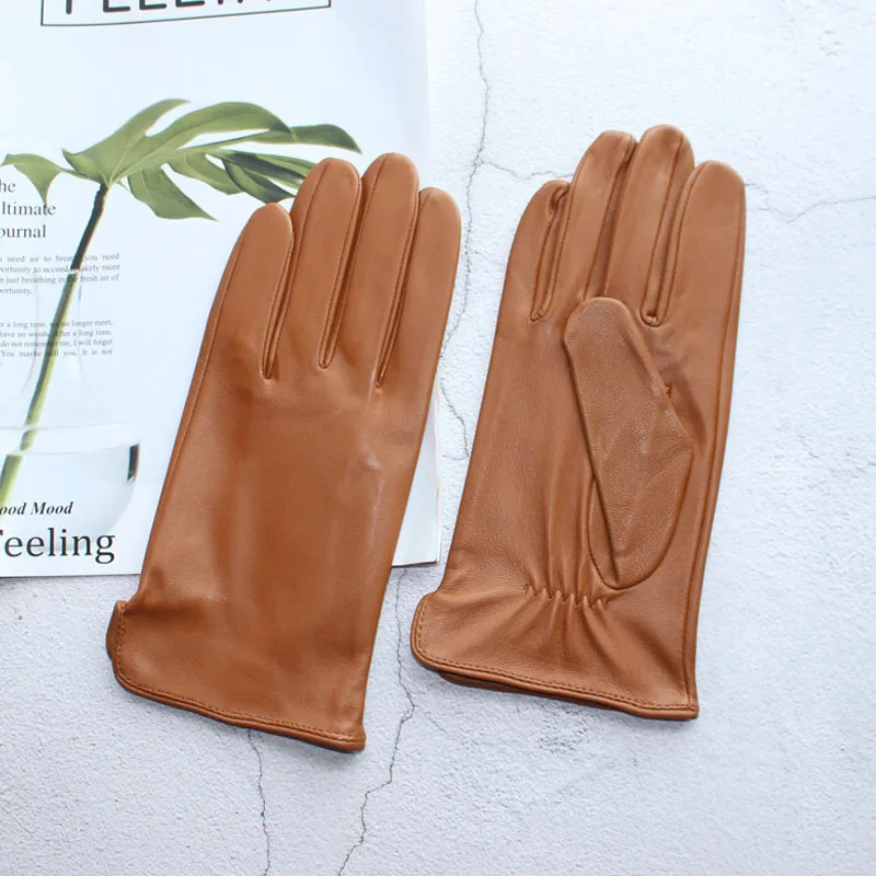 Mens Sheepskin Driving Gloves Solid Color Thin Single Leather Unlined Touch Screen Fashion Ripple Riding Motorcycle Gloves 241225