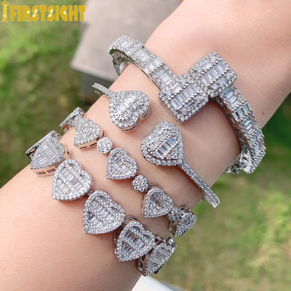 Iced Out CZ Heart Bracelet Silver Color Micro Pave Prong Setting 12MM Hearts Charm Link Chain For Women Hip Hop Jewelry 241225