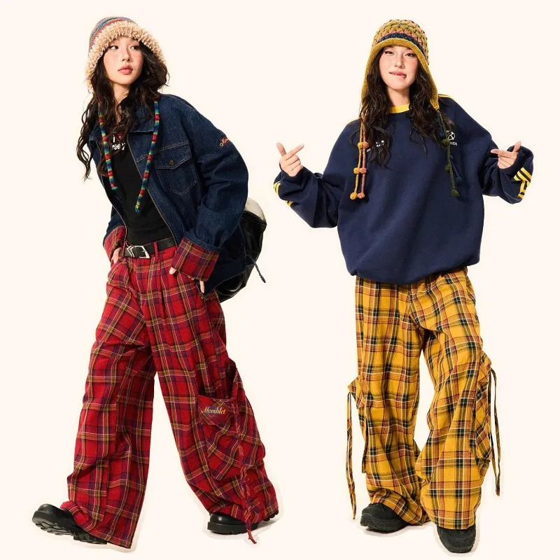 American Red Retro Checkered Korean Style Womens Casual Trend Y2k Autumn Large Pocket Straight Wide Leg Pants Z260314