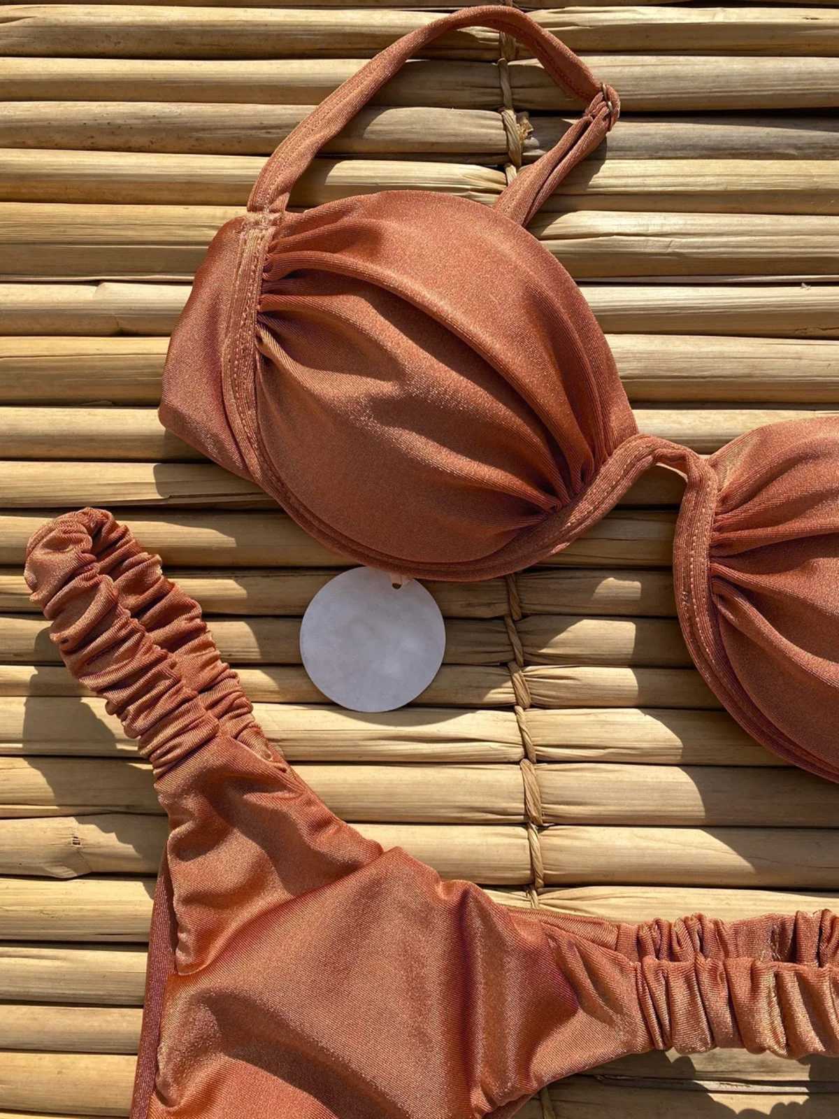 Push bikini 2024 sexy womens swimsuit womens swimsuit sexy bikini set Brazil Biquini swimsuit solid color shiny beachwearW241225