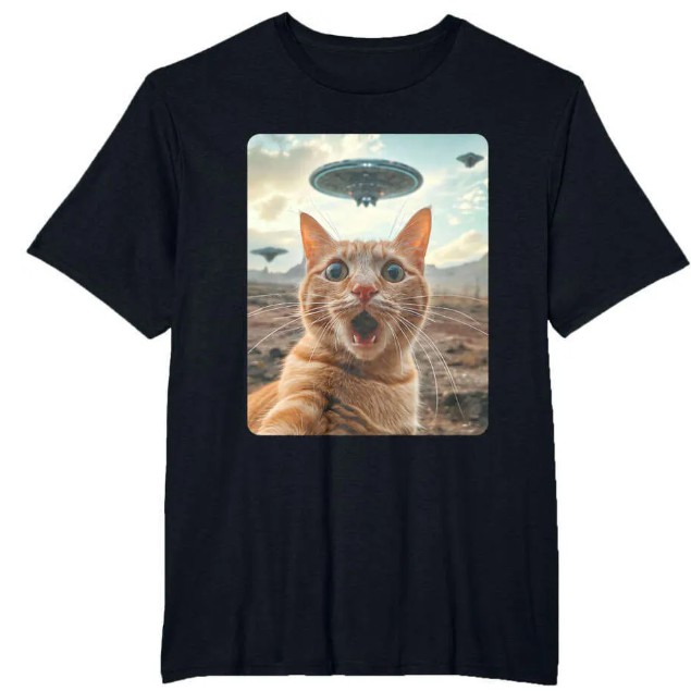 Designer Men's & Women's Cat and UFO Encounter T-Shirts - Casual Cotton Tees
