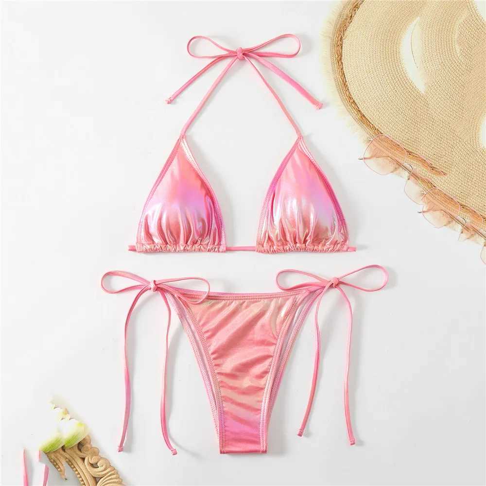 shiny swimsuit suspender mini bikini thong sexy swimsuit womens swimsuit mini triangLE bikini setW241225