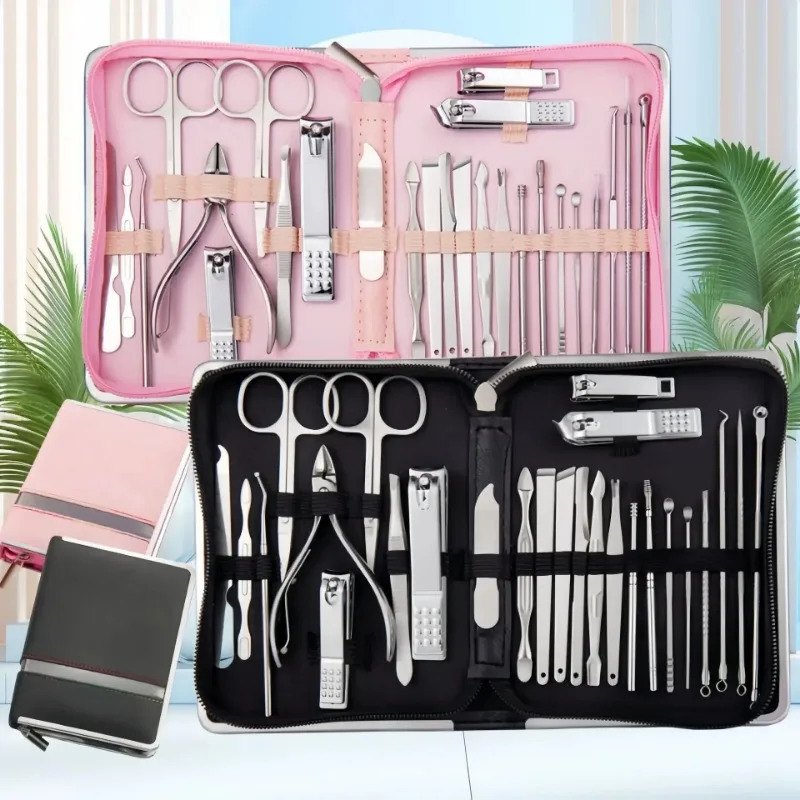 Nail Clipper Set Nail Art Set Zipper Bag 26 Pieces Rose Gold Dead Skin Pliers Pedicure Knife Needle Manicure Set 241225