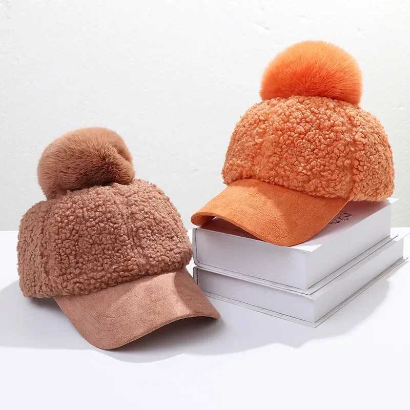 Womens winter artificial wool baseball cap soft warm solid color cute fluffy hip-hop sunscreen slime Brim beanie cap W241225