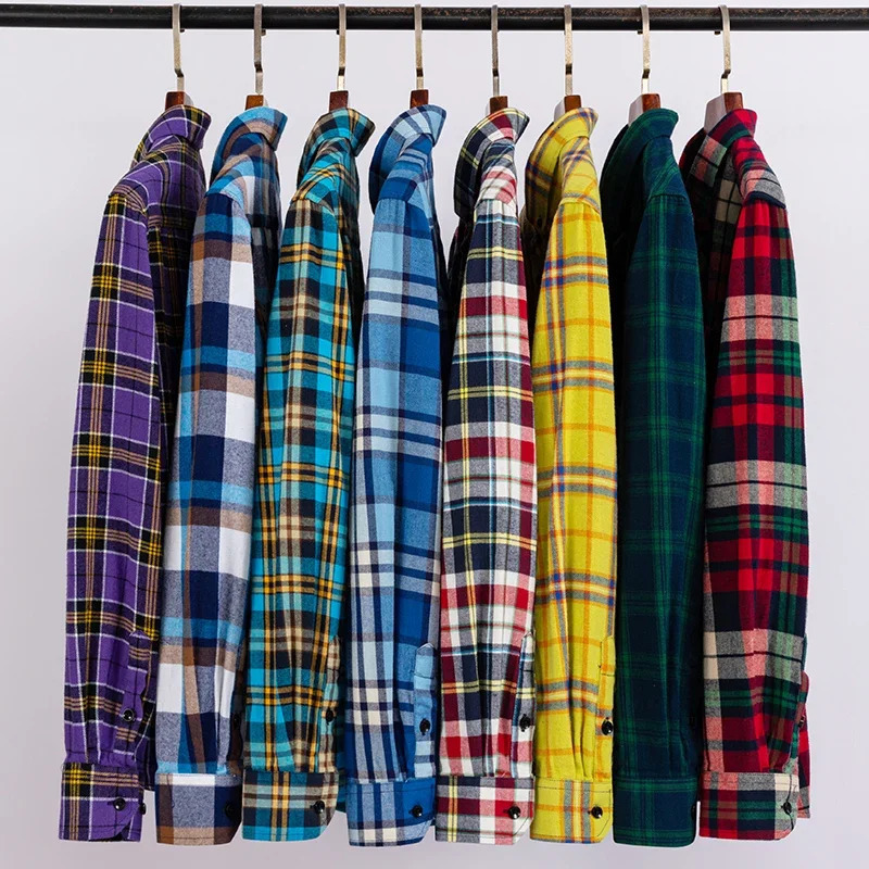 Casual StandardFit Thick Flannel Shirt Plaid Shirts For Men Long Sleeve Pure Cotton Fashion Single Patch Pocket n Young 241224