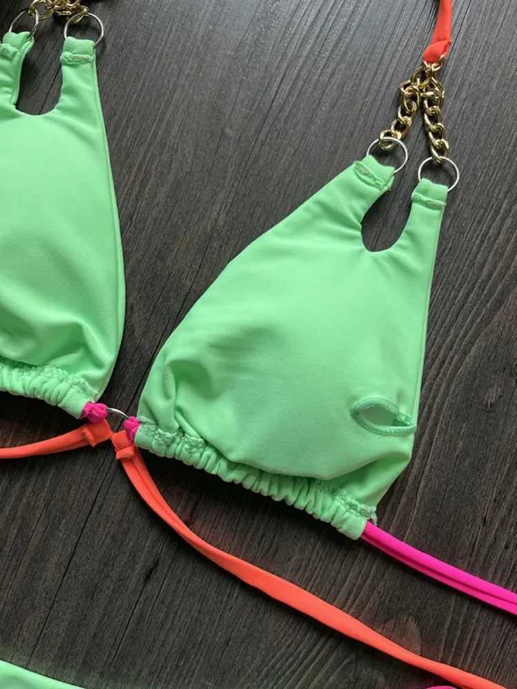 OIINAA swimsuit womens sexy suspender bikini set splicing work lace on yukata block color two pieces summer package BiquinisW241225