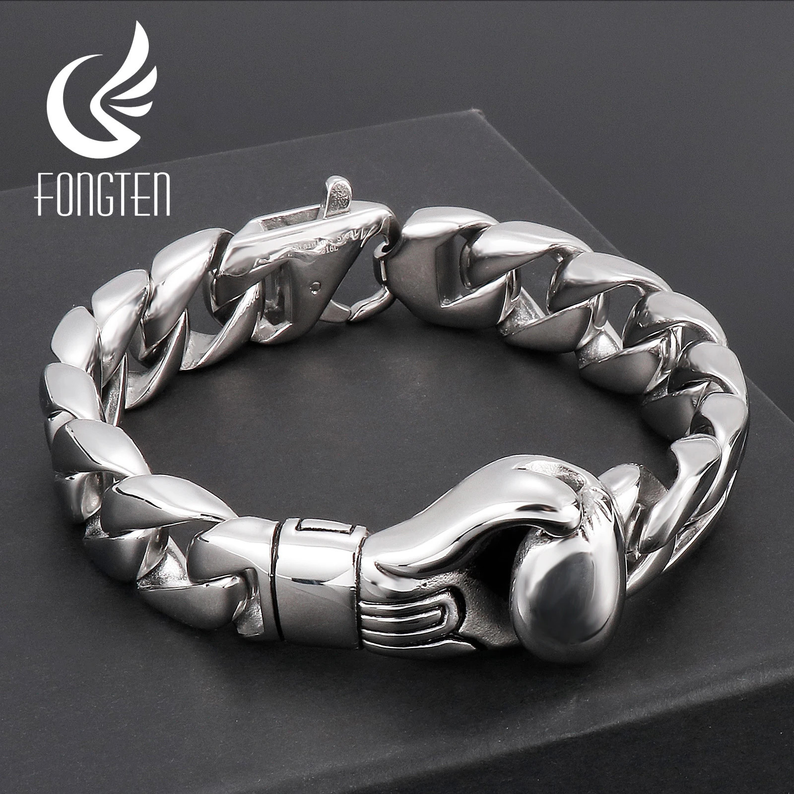 Fongten Boxing Gloves Bracelets For Men Black Silver Color Stainless Steel Cuban Link Chain Men Bangle Hip Hop Curb Jewelry 241225