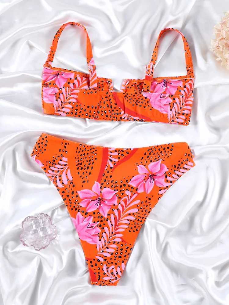 Rinabe Orange bikini high waisted swimsuit womens swimsuit 2024 beachwear printed swimsuit two-piece bikini set BiquinisW241225