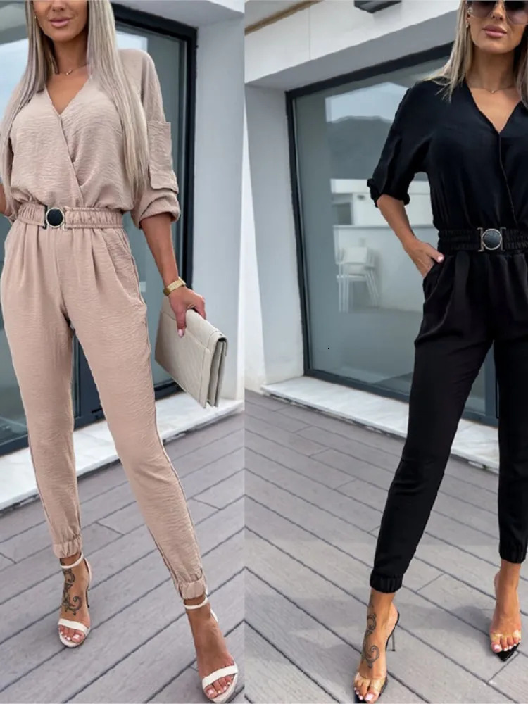 Autumn Jumpsuit Women Solid Color Vneck Belt Pocket High Waist Slim Jumpsuits Fashion Casual Commuting Ladies Bodysuits MsChuh 241225