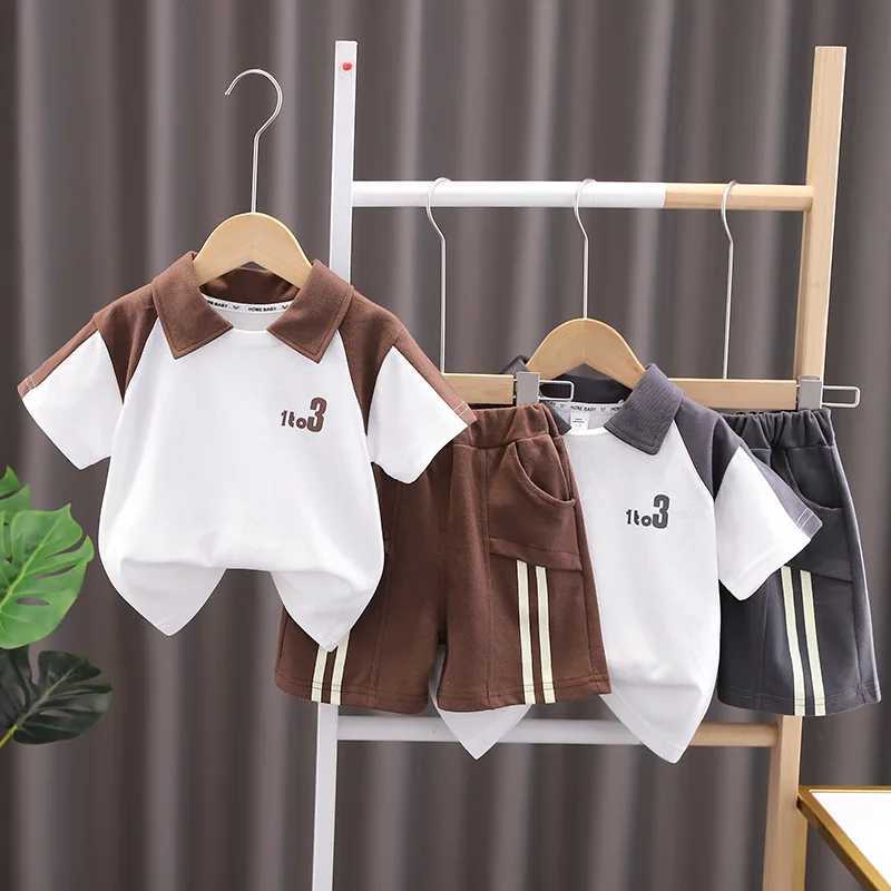 Clothing Sets Summer Children Boy Clothes Kid Lapel T-Shirts and Shorts Set Patchwork V Neck Top Bottom 2 Pieces Suit Fashion TracksuitsY241225Y6NG