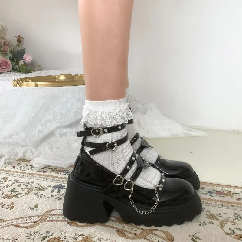 Lolita Shoes for Women Punk Platform Pumps Japanese Patent Leather Mary Jane Shoes Black Goth Footwear 241225