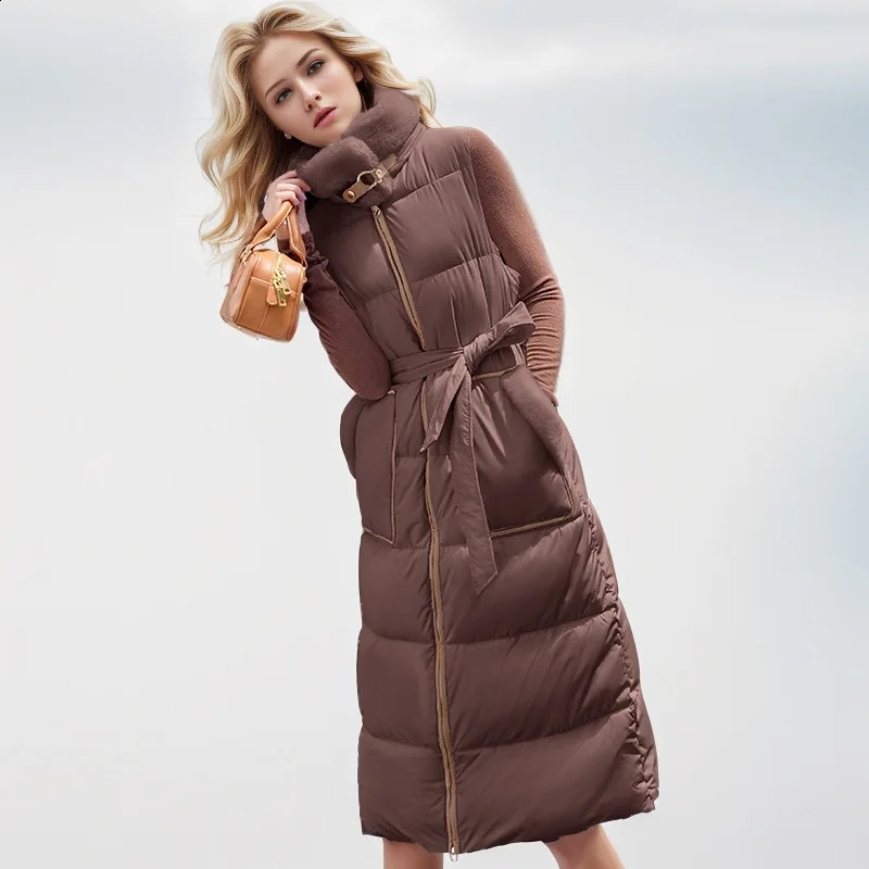 2024 Winter Long Womens Down Cotton Vest Jacket Stylish And HighEnd Plush Stand Collar Cinched Waist Slimmer y241220