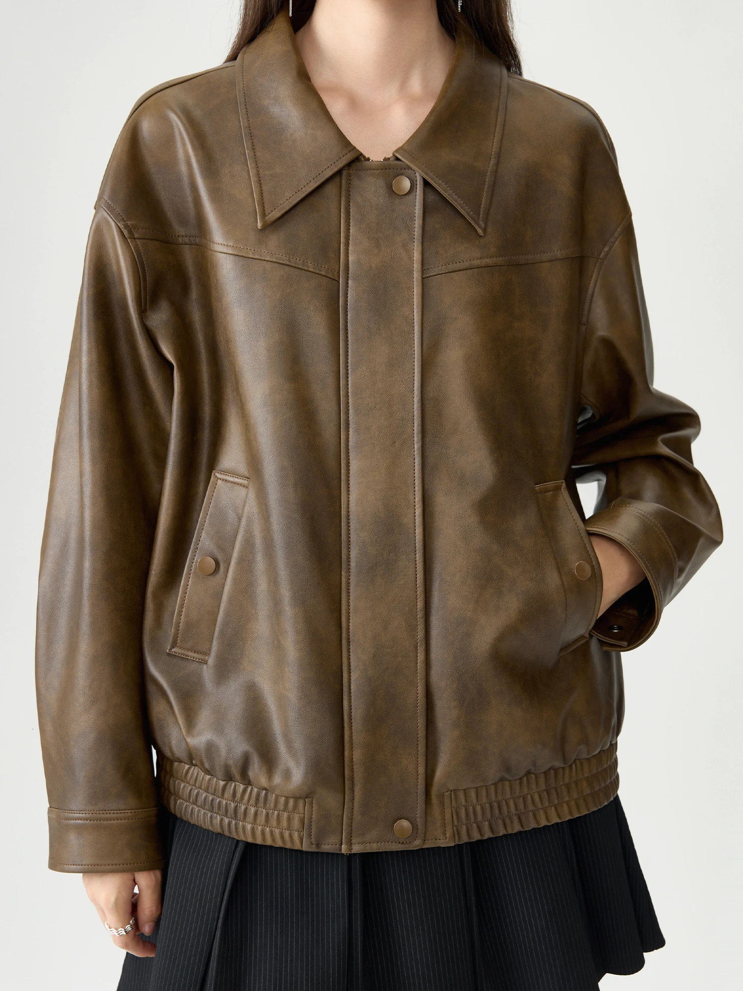 DUSHU Plus Size Womens Clothing length Optional Cool and Stylish Leather Jacket 2024 Autumn Retro Short Casual 241225