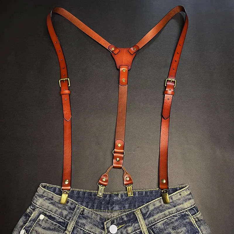 2*115Cm Leather Suspenders Men 4-Clip Y-Back Retro Suspenders Adjustable Suspenders Womens Pants Braces Apparel Accessories 241224