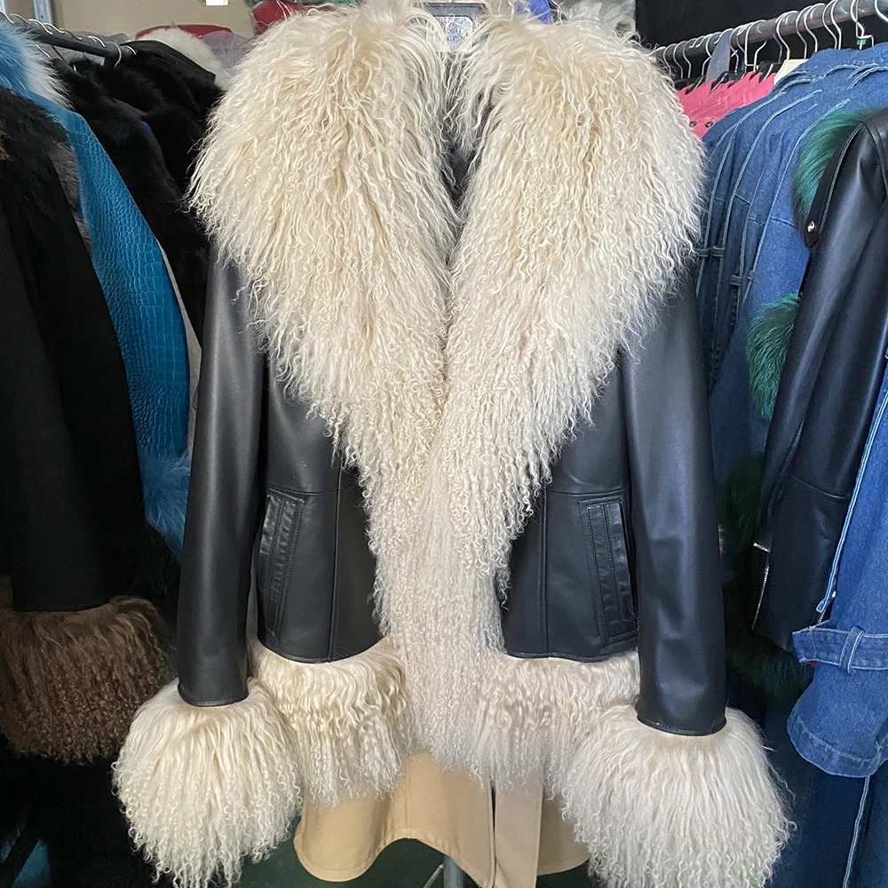 YOLOAgain Mongolia Sheep Fur Collar Real Leather Jacket For Women Sheepskin Coat 2024 Winter Outerwear 241225