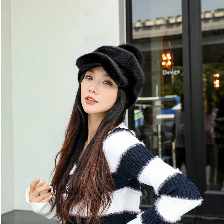 Y2K Fashion Mink Fur Hat Womens Winter Thick Warm Faux Mink Fur Cap Knight Hat Fur Duckbill Hat Baseball Cap Trendy Caps Womens 241225