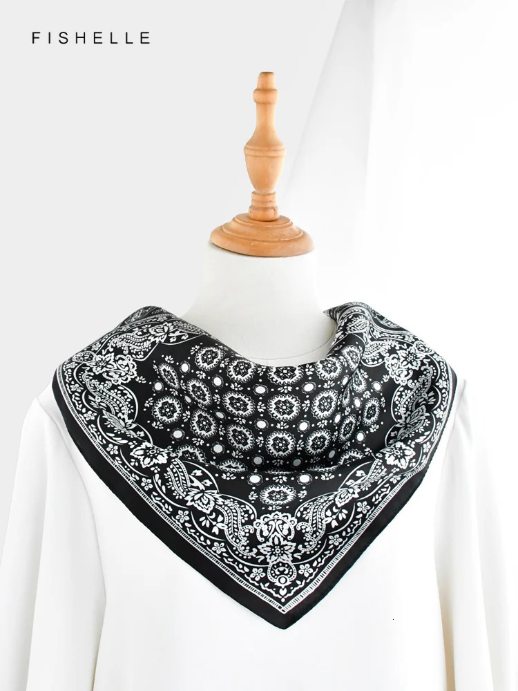 Black Paisley faux natural real silk scarves small square scarf hijab shawl gift headband 65cm men women wrap neckerchief 241225