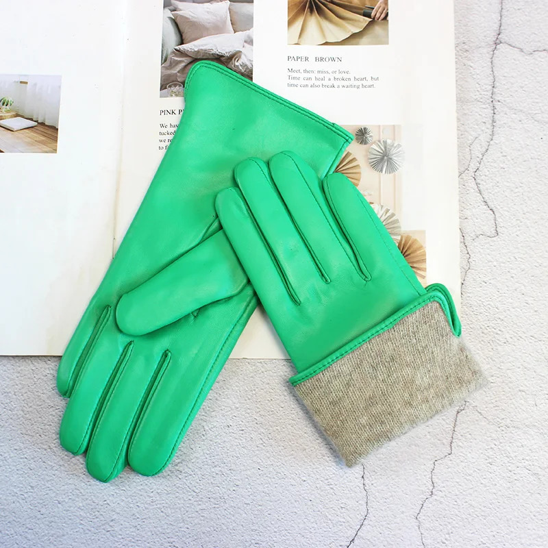 Color Sheepskin Leather Gloves Womens Straight Style Wool Lining Fall/Winter Warm Motorcycle Riding Car Driving Finger Gloves 241225