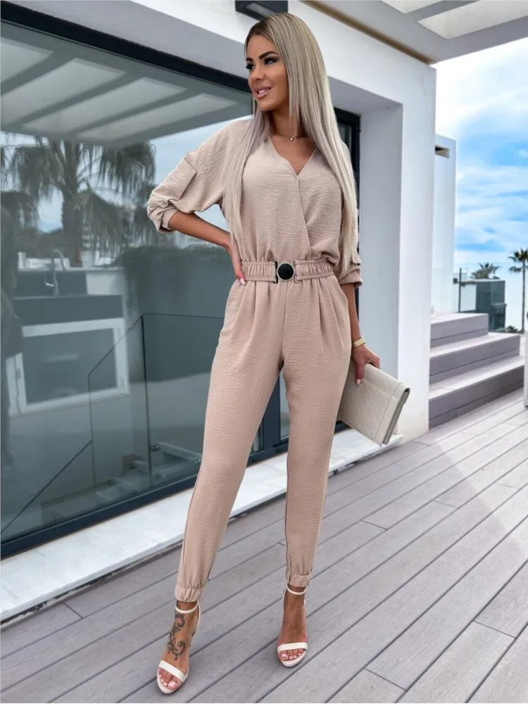 Autumn Jumpsuit Women Solid Color Vneck Belt Pocket High Waist Slim Jumpsuits Fashion Casual Commuting Ladies Bodysuits MsChuh 241225