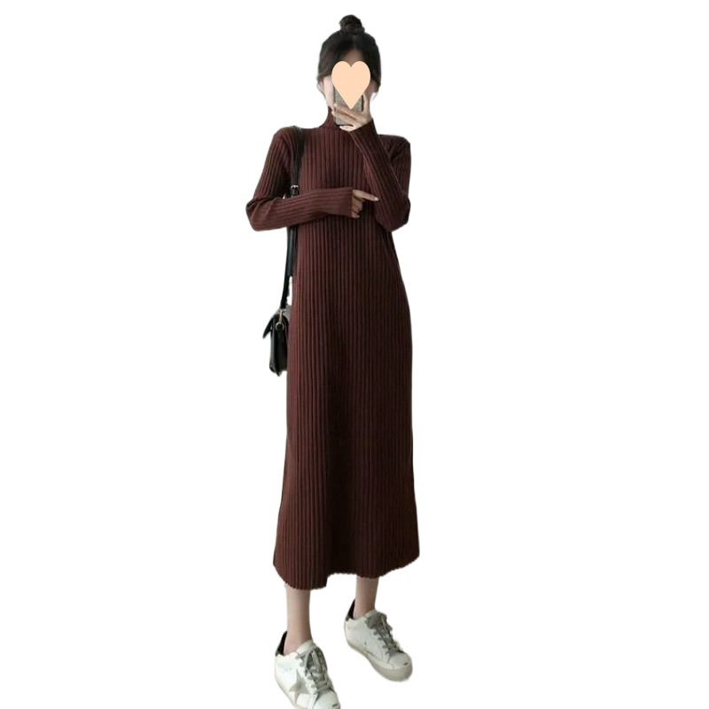 V65048 New knitted bottoming dress for women, autumn and winter high collar, medium and long style, temperament sweater long skirt over the knee