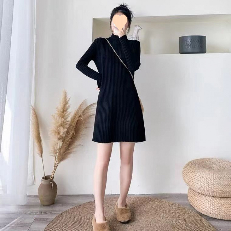 V65048 New knitted bottoming dress for women, autumn and winter high collar, medium and long style, temperament sweater long skirt over the knee