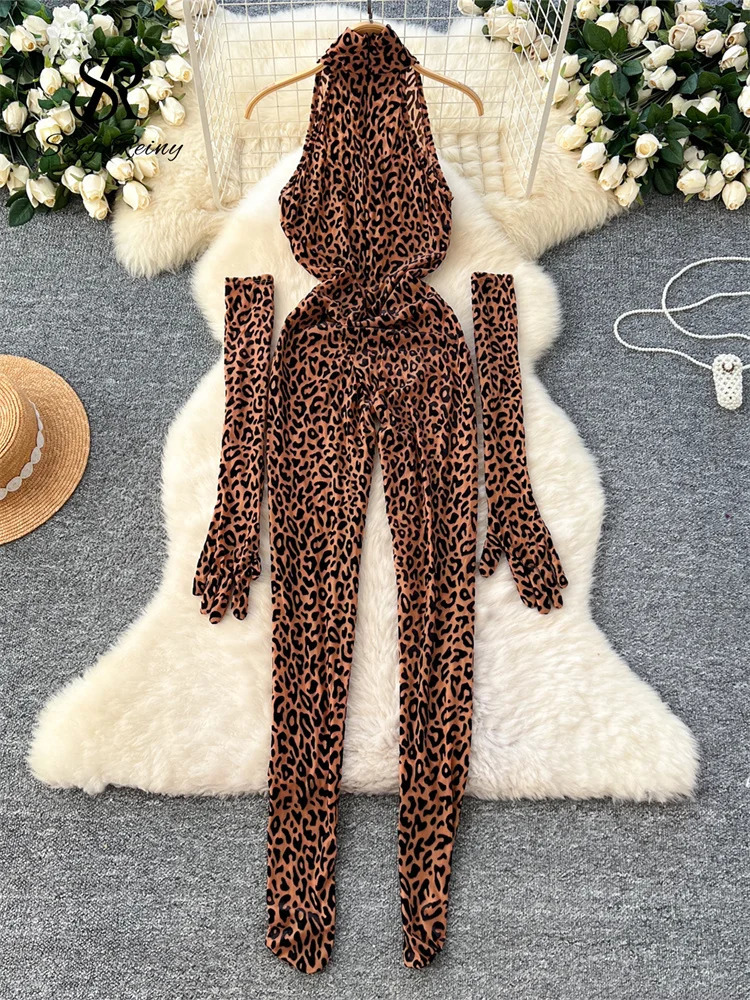SINGREINY Fashion Leopard Print Sexy Jumpsuits Ladies Stand Collar Long Gloves Korean Streetwear Sheath Flocking Playsuits 241225