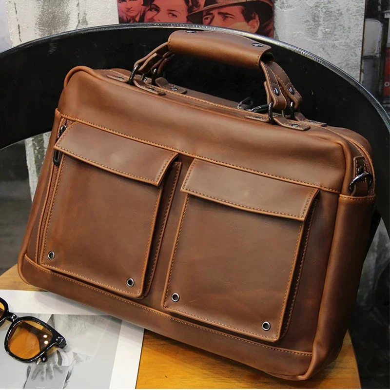 Brown Men Vintage Handbag Business Documents Briefcase Portfolio Laptop Bag Shoulder Messenger Bag Office Handbag 241225