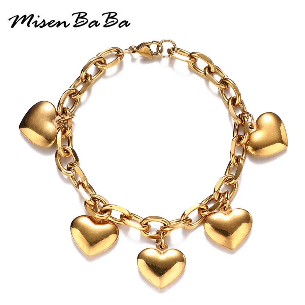 MisenBaBa Style Stainless Steel Thick Chain Tassel Heart Charm Bracelet For Women Fashion Jewelry Valentines day gift 241225