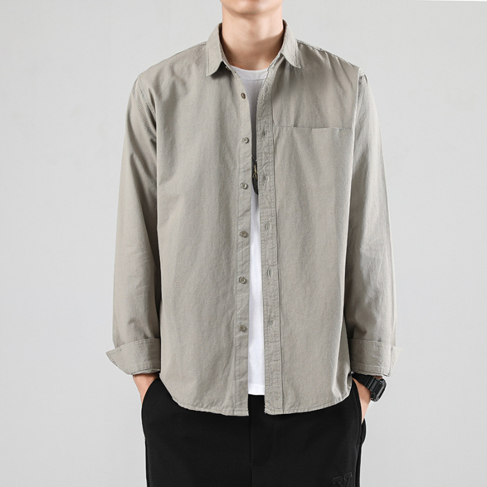 M12242 2024 Pure Cotton Simple Style Shirt Men's Solid Color Long Sleeve Top Jacket