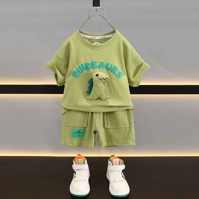 Clothing Sets Summer Kids Girl Boy Clothes Set Dinosaur Cartoon Pattern Cotton T-shirts and Shorts Suit Children Top Bottom 2pcs TracksuitsY241225KAPW