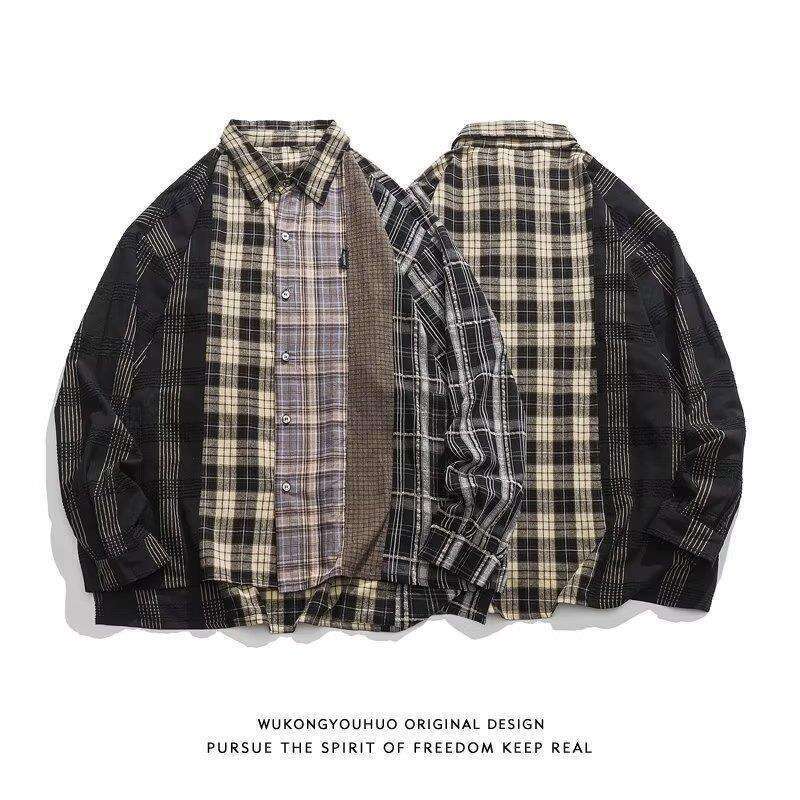 China-Chic American Street Splice Plaid Men's Long Sleeve Spring And Autumn Fashion Brand Japanese Vintage Couple Shirt