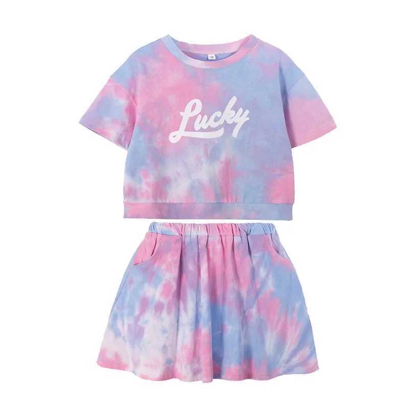 Clothing Sets Children Girls clothes Set Summer Baby Girl Tie Dye Tshirts And Knee Length Skirt 2 Pieces Suit Kid Top Bottom TracksuitsY241225UWQY