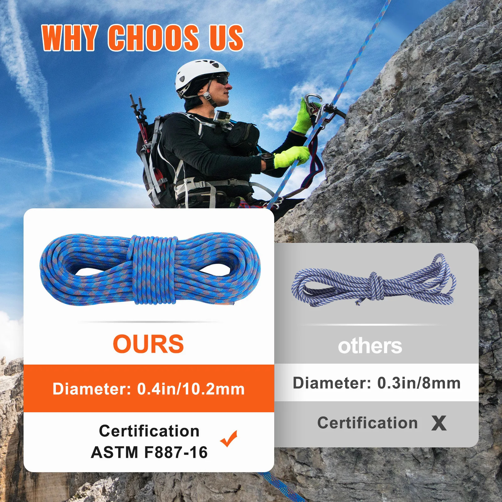 VEVOR 10.2mm Dynamic Climbing Rope 131-230ft Outdoor Rock Climbing Rope 25KN Breaking Tension Stretchable Fiber Rope with Hooks 241224