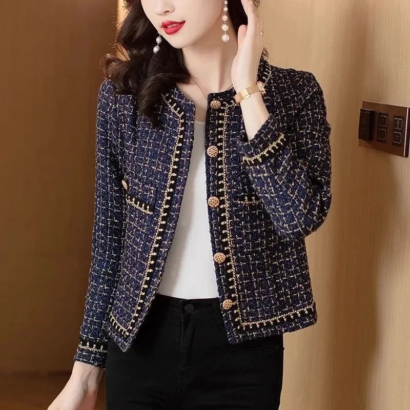 High Quality French Vintage Small Fragrance Tweed Jacket Coat Womens Spring Autumn Casual Fried Street Short Plaid Outwear 241224
