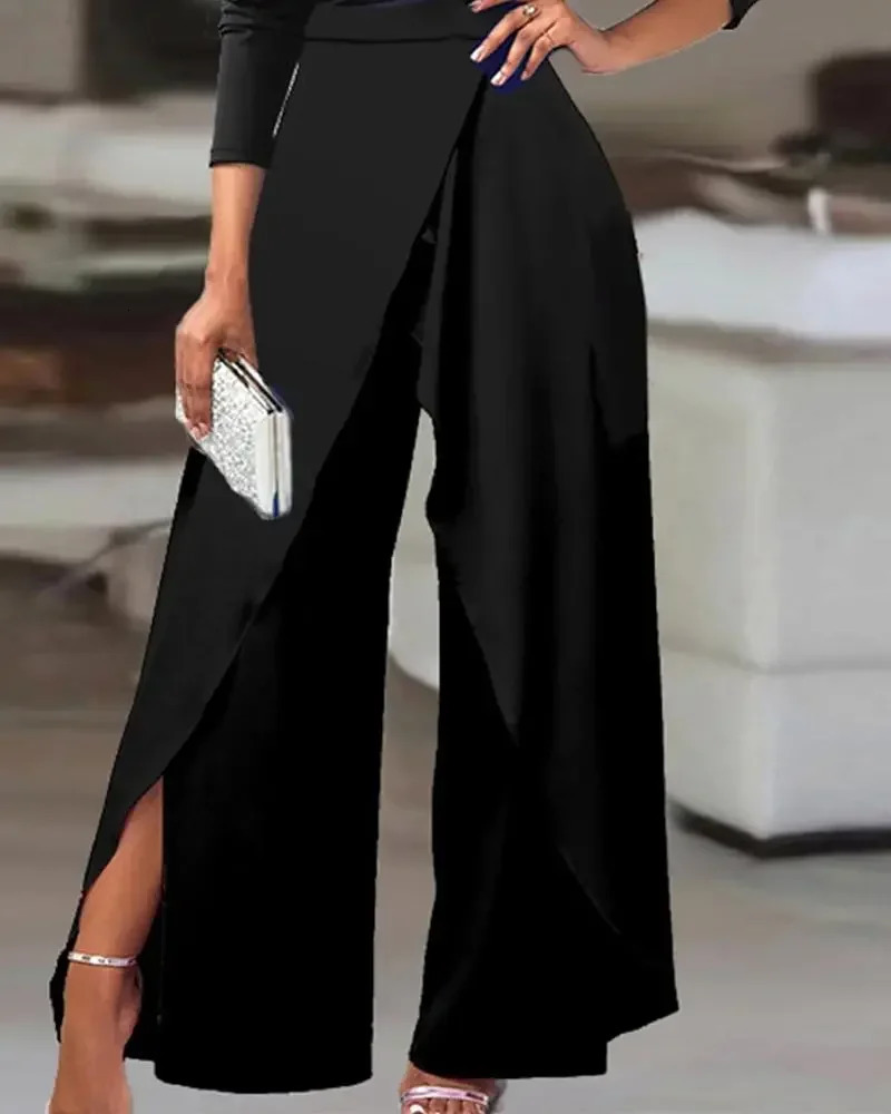 2025 Spring Jumpsuits for Women Plain Elegant Office Lady Loose Ruched One Shoulder Split Hem Wide Leg Jumpsuit 241225