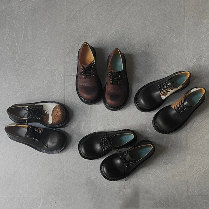 Style Horsehair Women's Derby Shoes Thick Heel Fashionable Loafers Women Left and Right Color Matching Female Shoes
