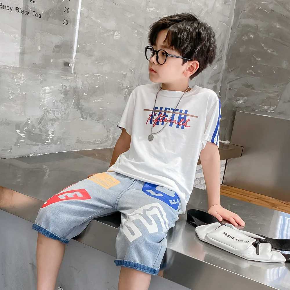 Clothing Sets Summer Children Boys Clothes Set Letter T-shirts and Print Denim Shorts Suit Teenage Fashion Short Sleeve Top Bottom OutfitsY241225CSLN