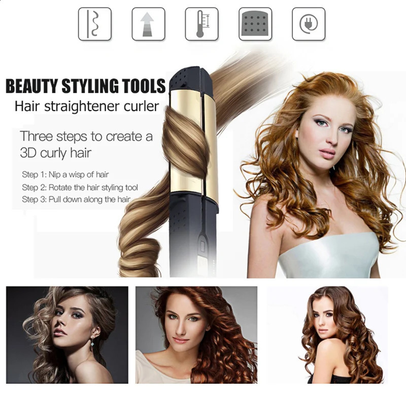 Professional 2 in 1 Curling Straightening Irons Ceramic Hair Curler Straightener Wet Dry Electric Flat Iron Hair Styler 241224