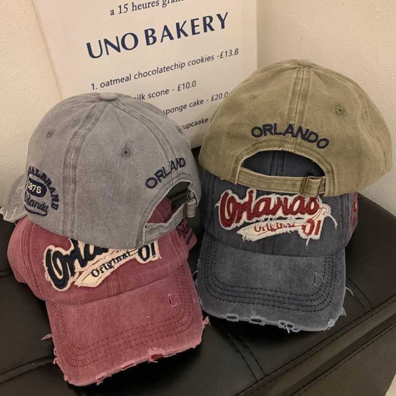 Vintage Distressed English Embroidered Baseball Hat Female Face Looking Small Curved Brim Sunshade Couple Peaked Cap W241225