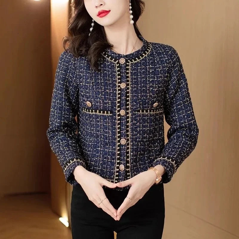 High Quality French Vintage Small Fragrance Tweed Jacket Coat Womens Spring Autumn Casual Fried Street Short Plaid Outwear 241224