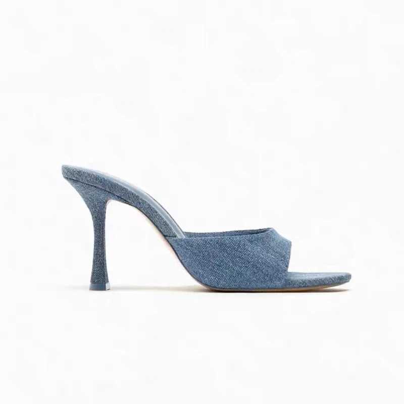Summer New 2024 Pointed Denim with High Heels Womens Thin Heels Light Mouth Fashion Girls Cool Slippers DropshippingC241225