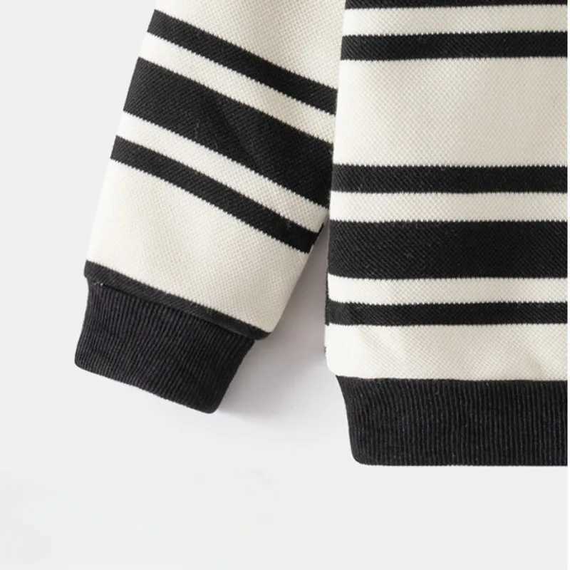 Autumn Baby Boy Cotton Clothes Kid Girls Turn Down Collar Sweatshirts Pullover Children Black White Stripe Shirt Polo TopXJ241225
